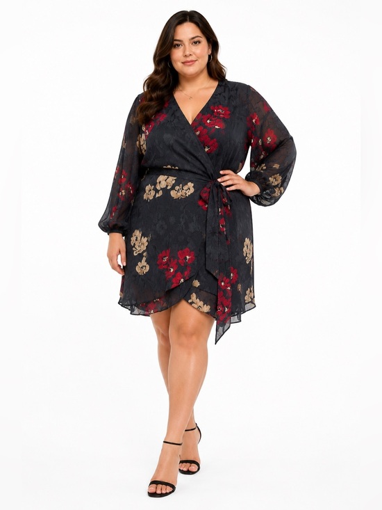 torrid Dresses & Skirts - Torrid wrap Black Dress with Red Floral Accents